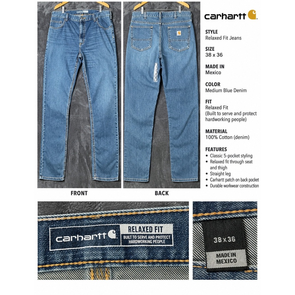 Carhartt Rugged Flex Relaxed Fit Tapered Jeans Blue BD4960-M Mens 38x36